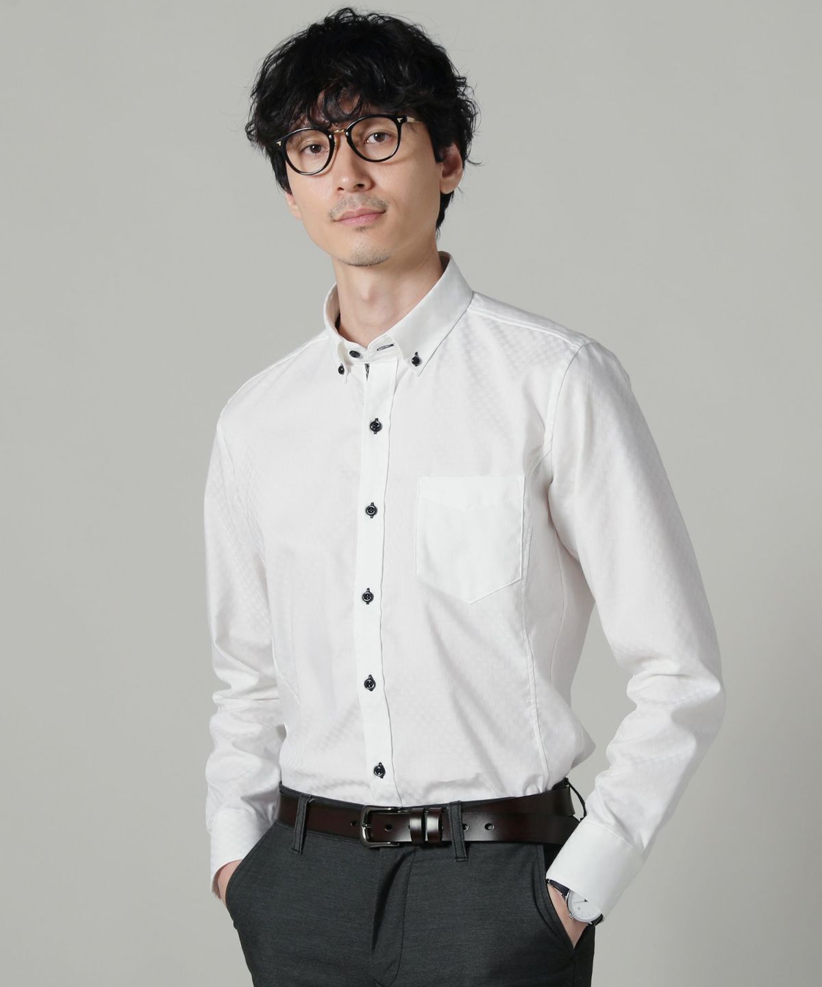 シャドーチェックダブルカラーボタンダウン形態安定長袖シャツ