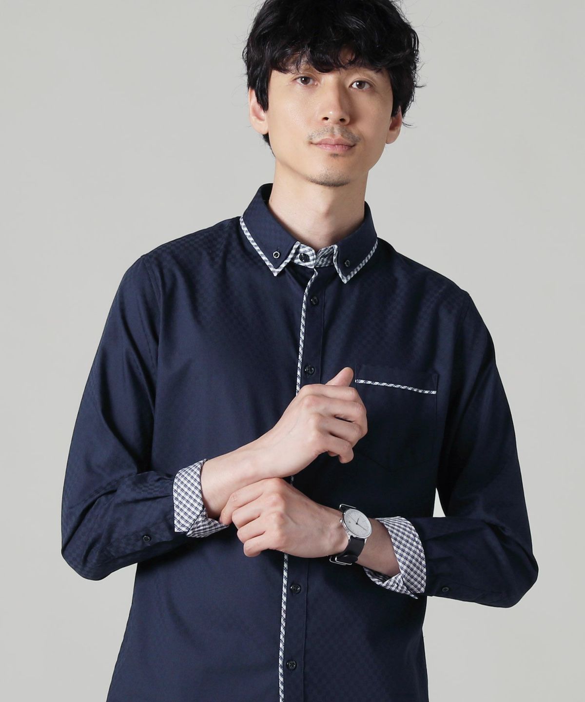 シャドーチェックダブルカラーボタンダウン形態安定長袖シャツ