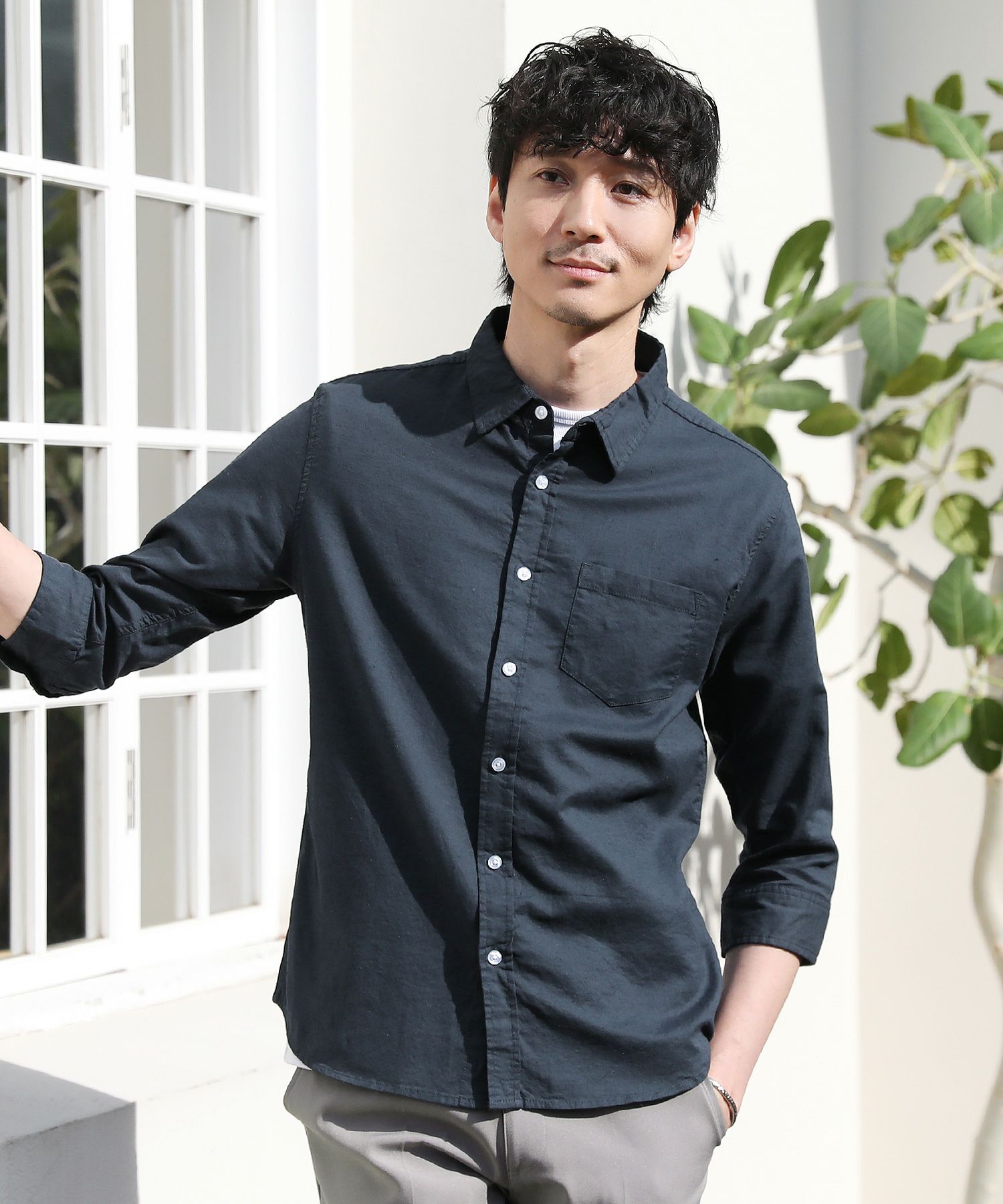 メール便対応】 先染め綿麻ストレッチレギュラーカラー七分袖シャツ 