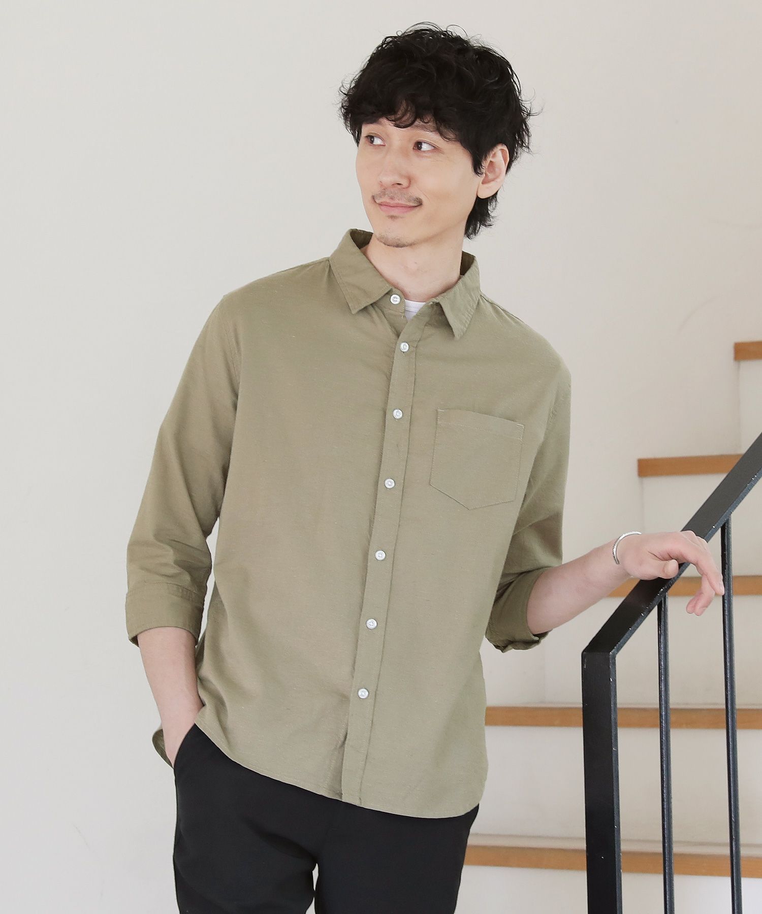 メール便対応】 先染め綿麻ストレッチレギュラーカラー七分袖シャツ 