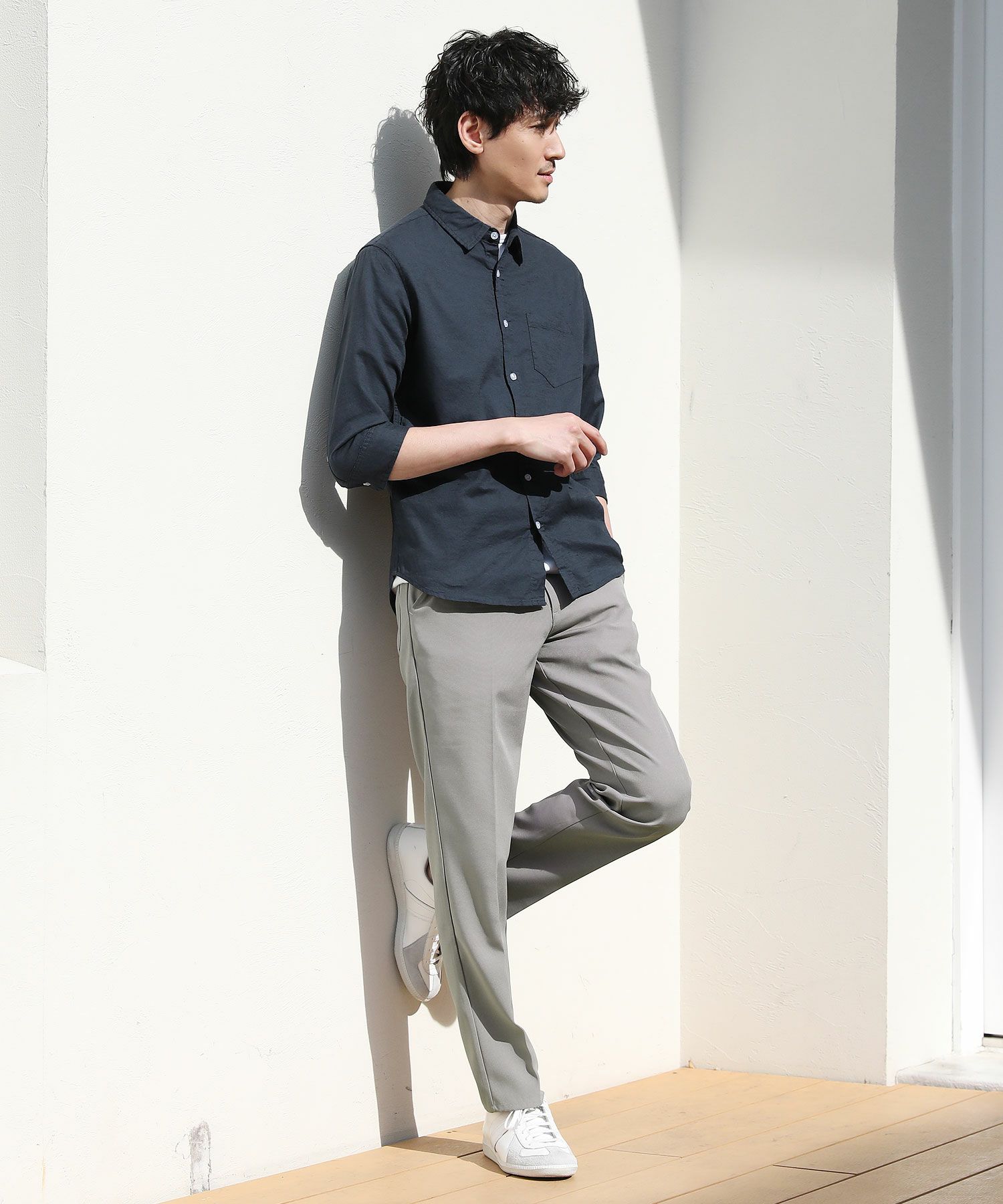 メール便対応】 先染め綿麻ストレッチレギュラーカラー七分袖シャツ 