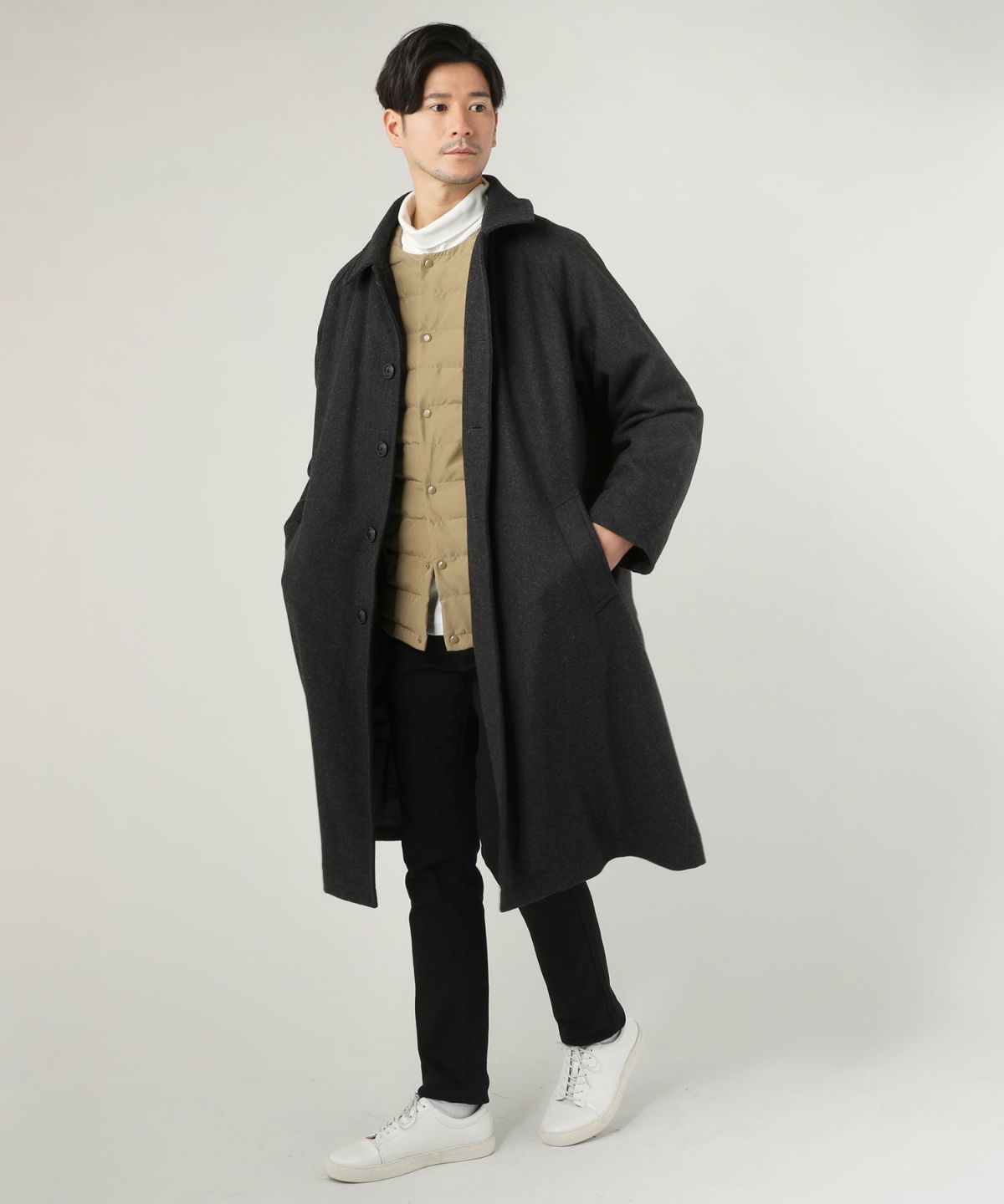 610gウールメルトンサーモライト中綿オーバーサイズステンカラーコート
