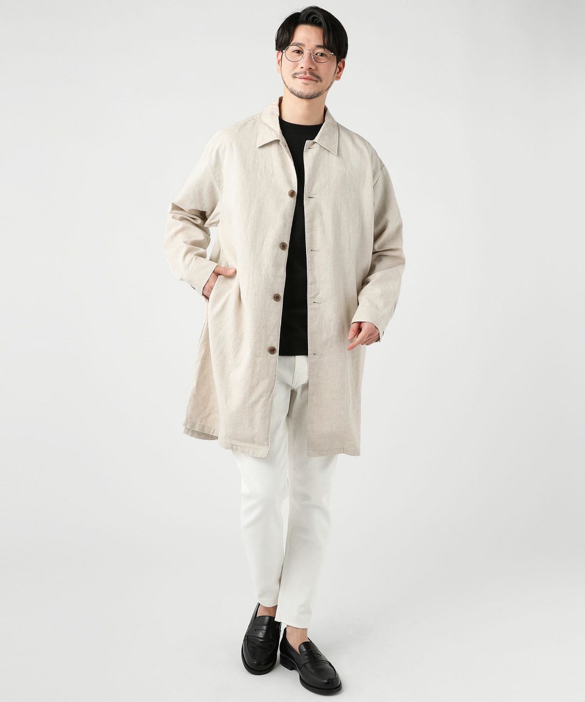YAA!! shirt coat シャツコート ダークグレー リネン NO ID. シャツ ステンカラーロングシャツコート メンズ