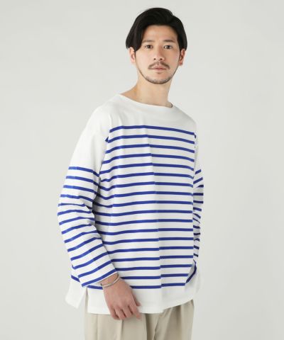 日本製尾州12オンスパネルボーダーボートネックボクシー長袖Tシャツ