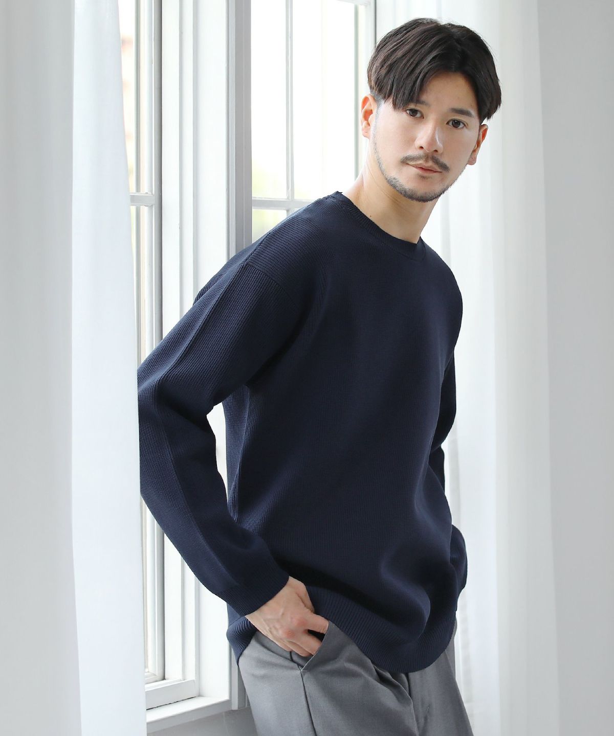 4WAYストレッチウォッシャブルリブ編み長袖クルーネックニット