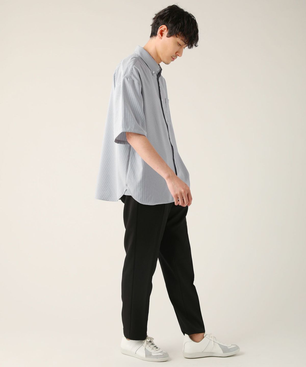 ANASOLULE ストライプノーカラーシャツ! ミリタリー!日本製!L〜XL 日本製ポリエステルサッカーストライプボタンダウンボクシーA