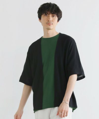 リネンタッチルーズシルエットボタンレス5分袖カーディガン