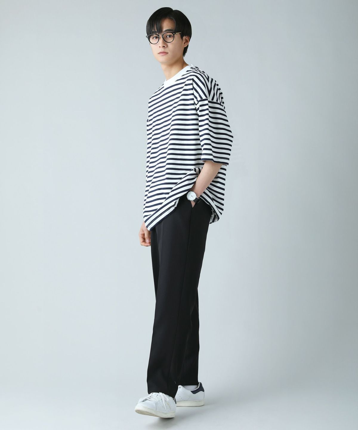 日本製MVSヘビーウェイトオーバーサイズドローコード付き半袖ボーダーTシャツ