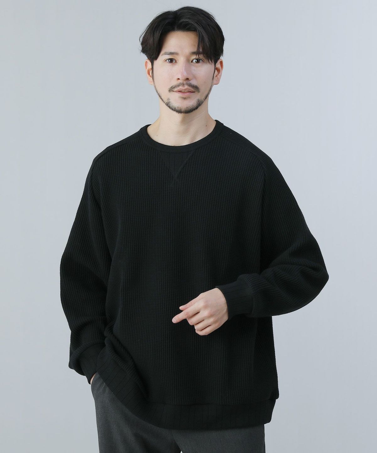 日本製ビッグワッフルサドルショルダーガゼットクルーネックXL