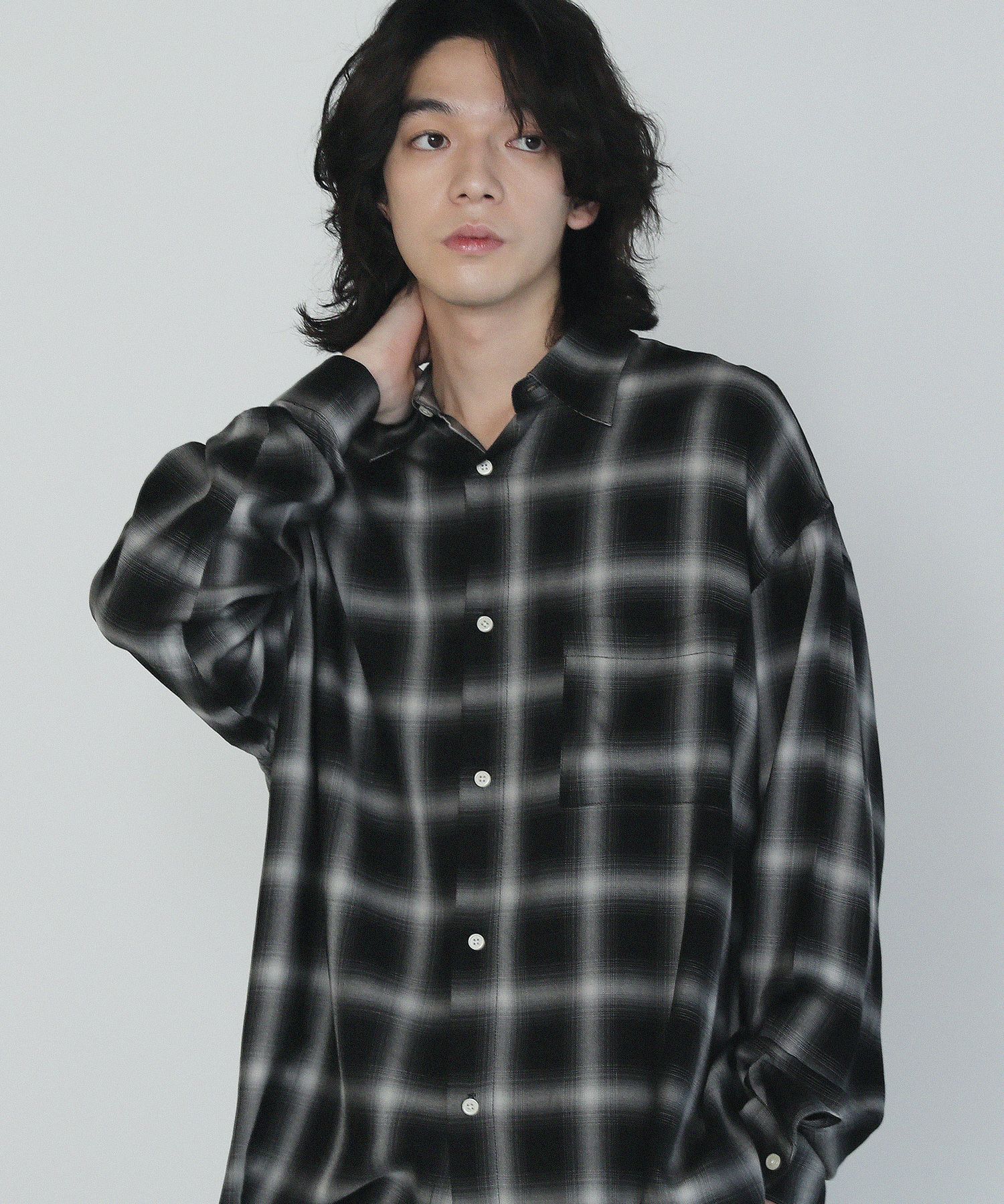 オンブレチェックレギュラーカラースリットレーヨンシャツ | 【公式  