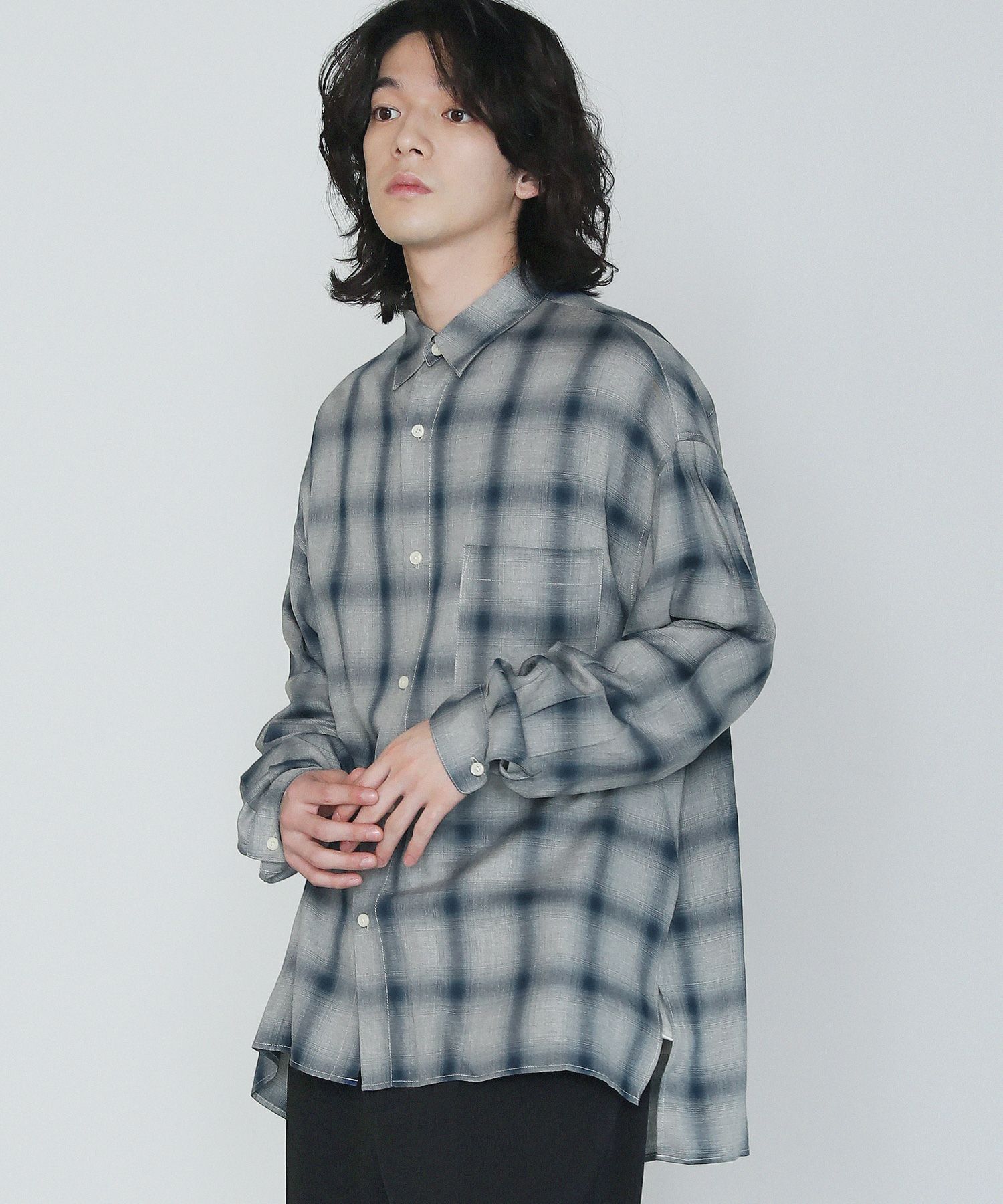 オンブレチェックレギュラーカラースリットレーヨンシャツ | 【公式  