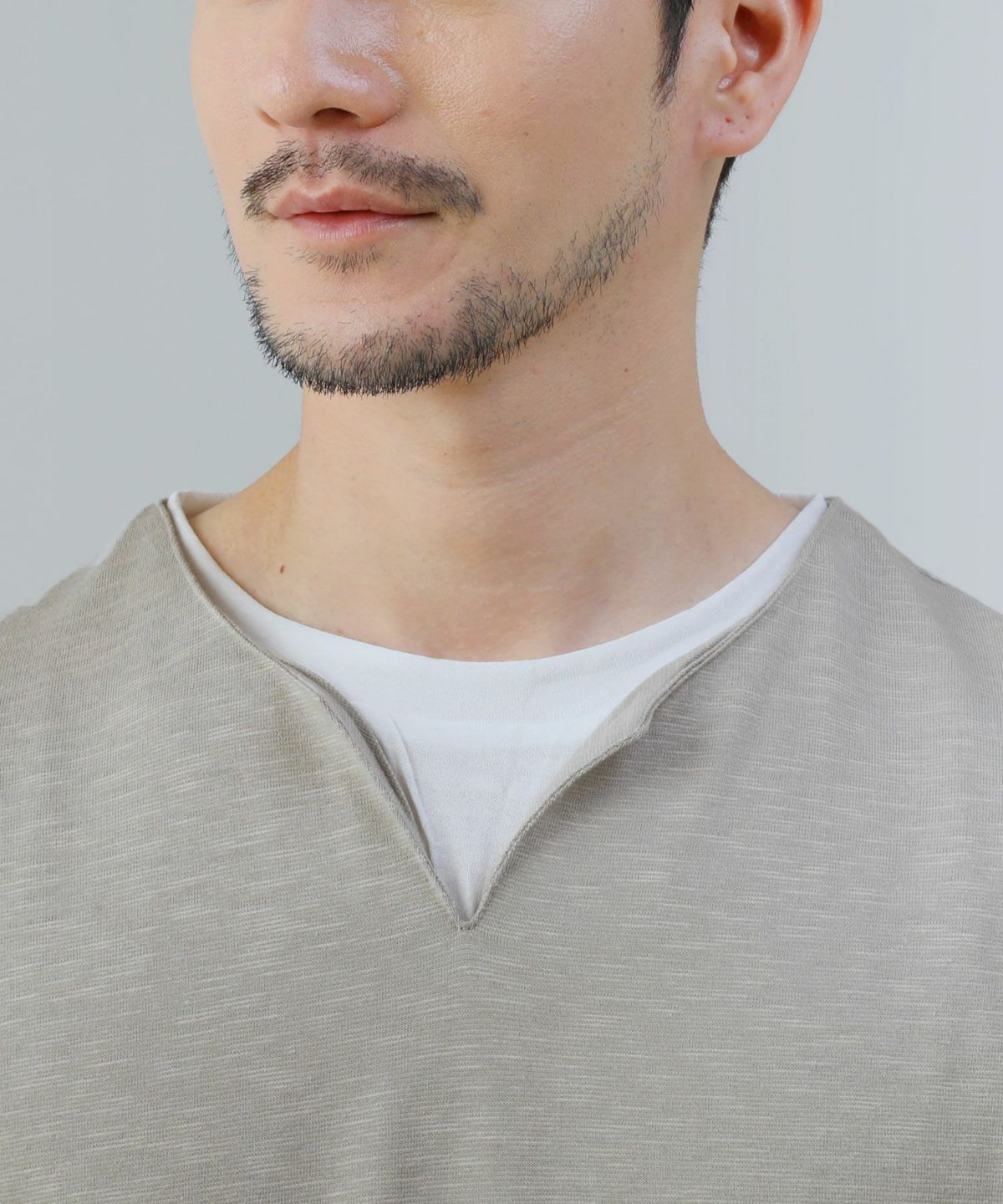 接触冷感/スラブ天竺ヘンリーネックフェイクレイヤード半袖