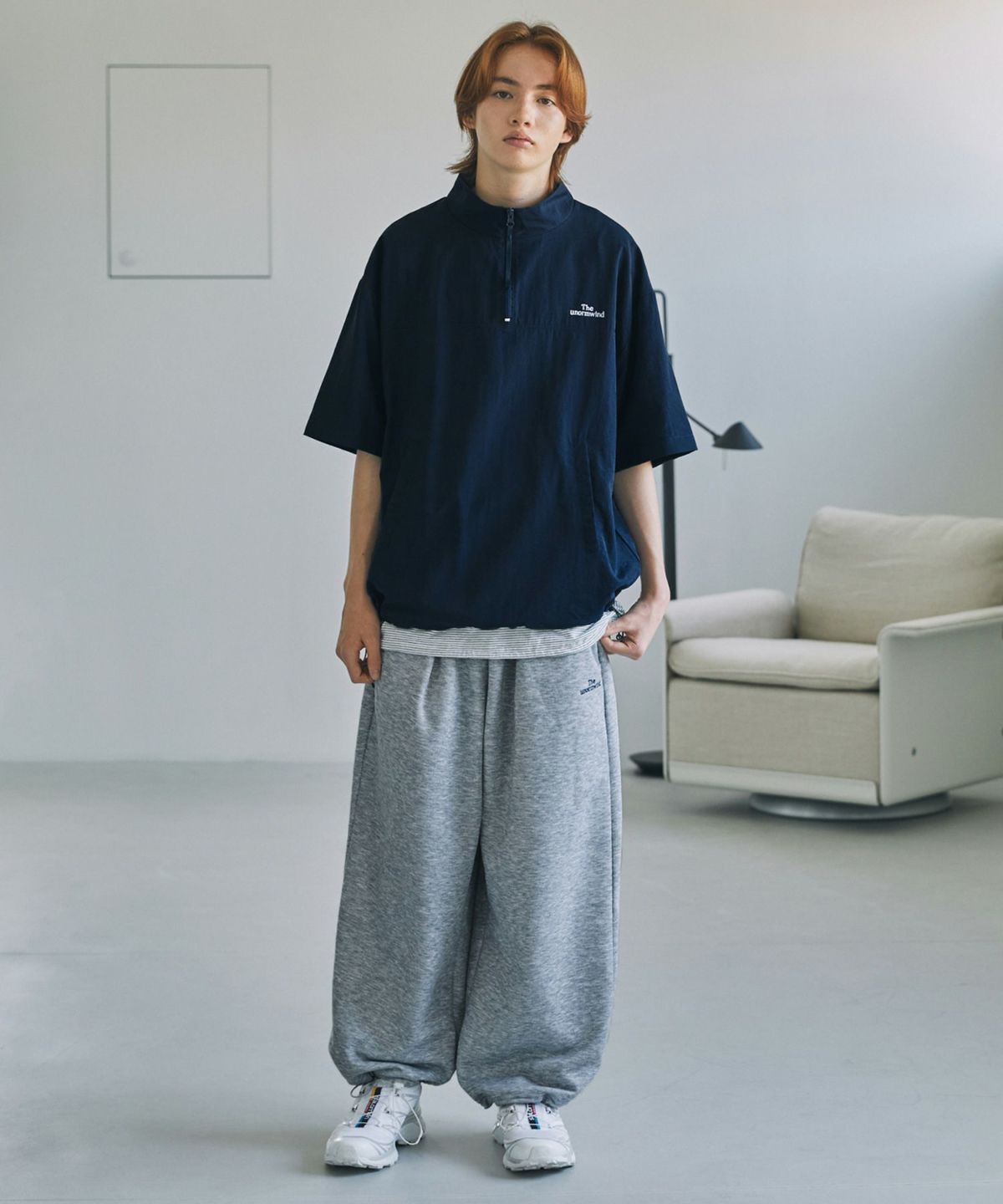 BROOKLYN ナイロン 半袖ハーフジッププルオーバー　ダークグレーチェック セール】刺繍ロゴワッシャーナイロン 半袖ハーフジップ 裾ドロー