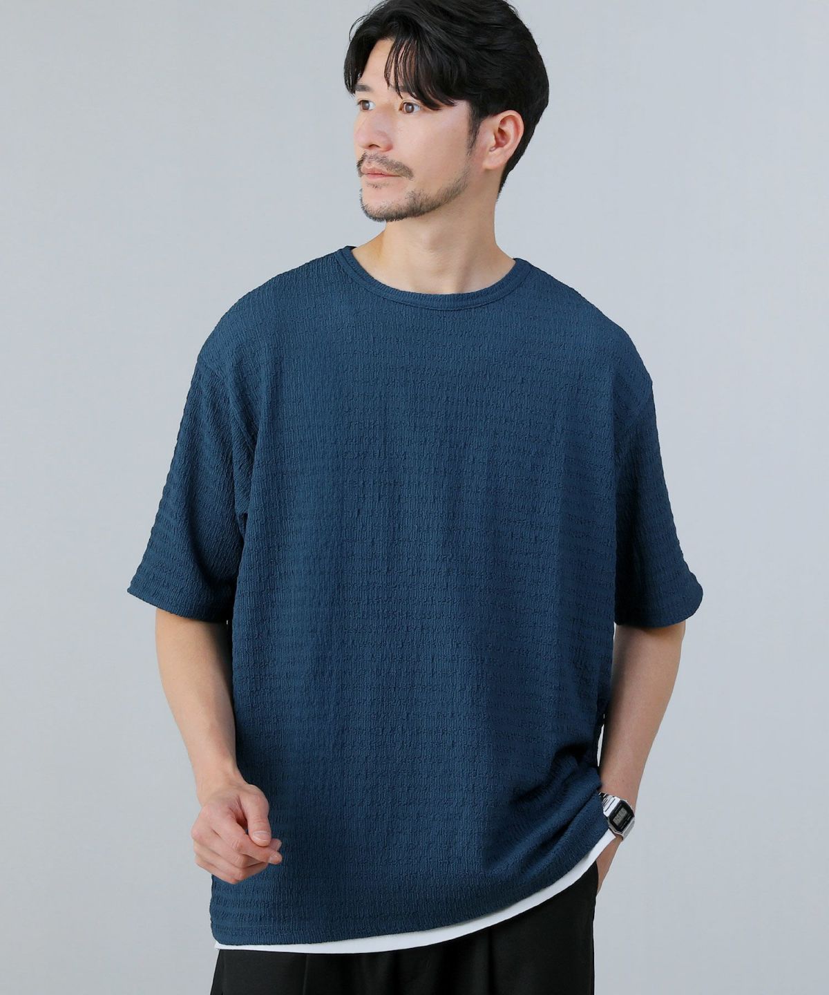 クレープ地柄ボーダークルーネック半袖Tシャツ | 【公式】SPU