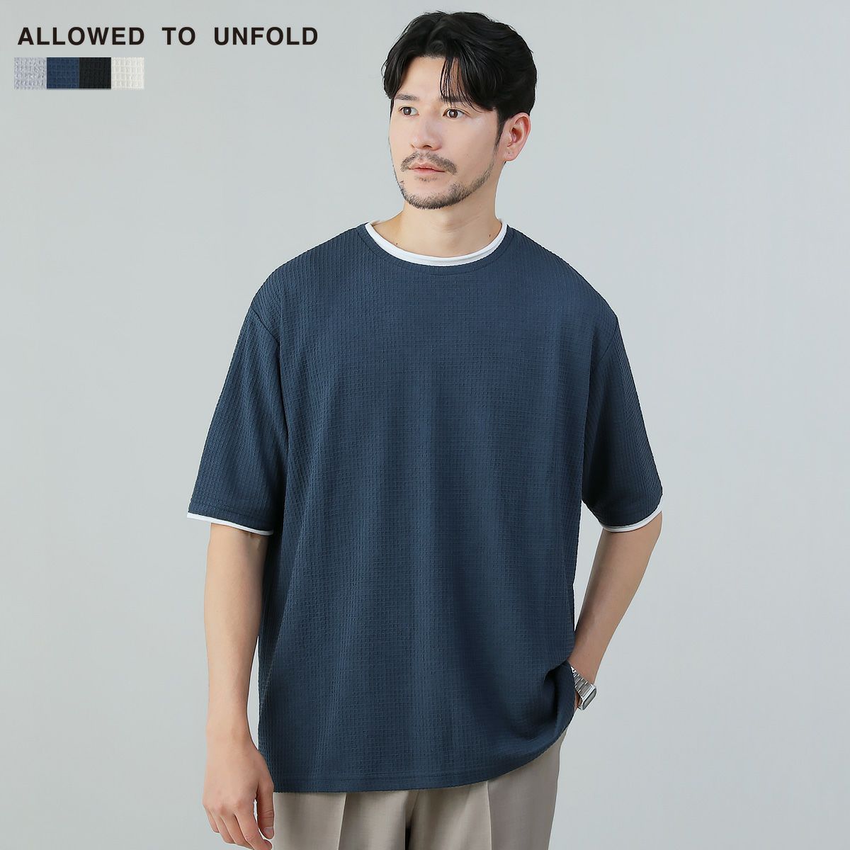 ＜ALLOWED TO UNFOLD＞菱柄ジャガードフェイクレイヤードVネック半袖Tシャツ ALLOWED TO UNFOLD＞菱柄ジャガードフェイクレイヤードVネック