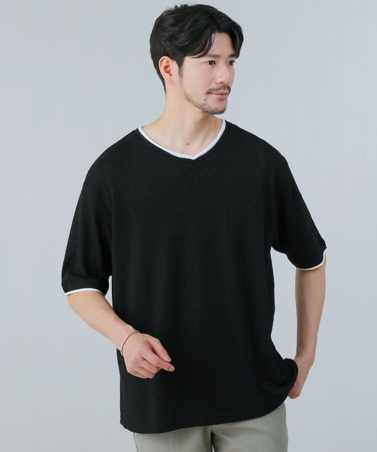菱柄ジャガードフェイクレイヤードVネック半袖Tシャツ | 【公式