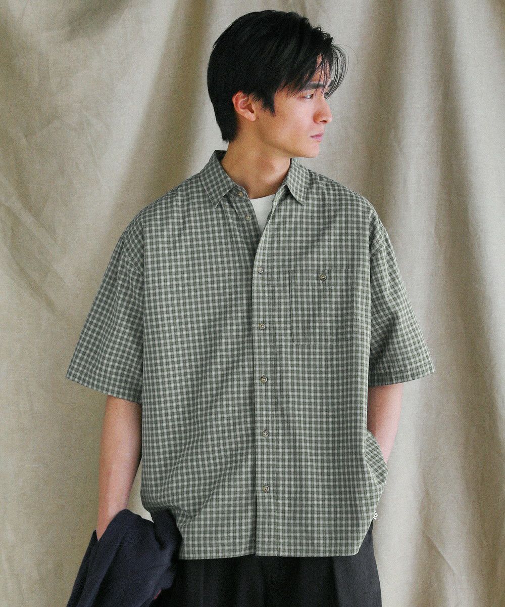 日本製播州織ドビーミニチェックボクシーAライン半袖シャツ