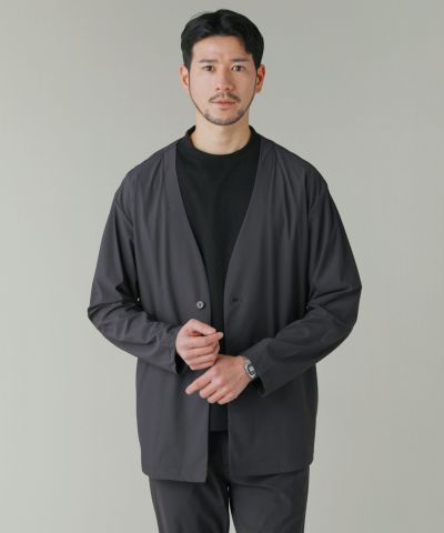 接触冷感・吸汗速乾ナイロンニットノーカラー長袖ジャケット