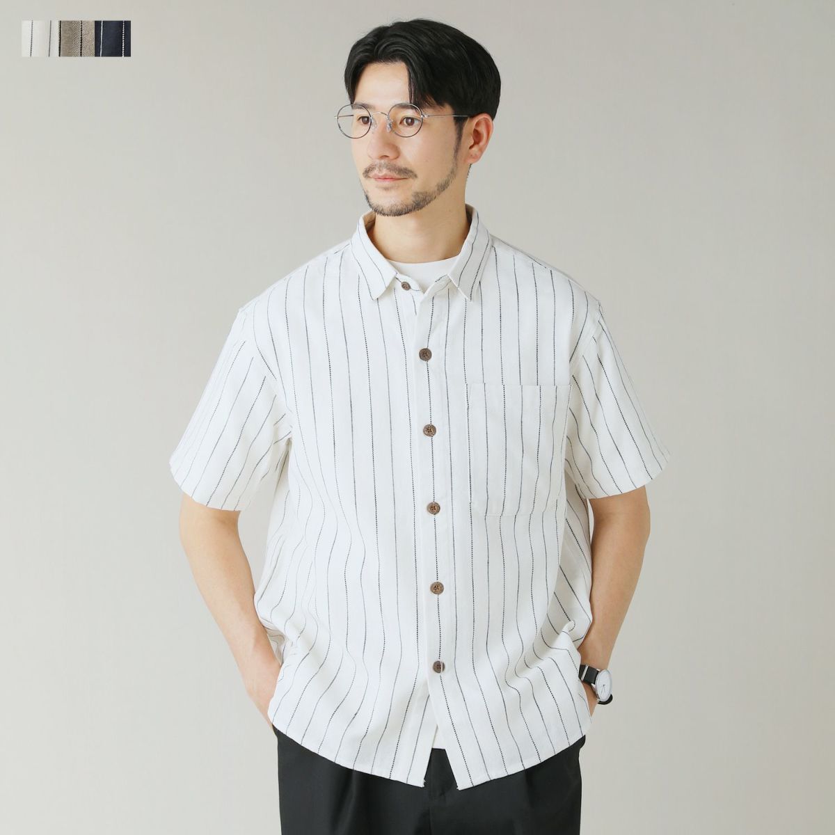 『4年保証』 綿麻オーバーサイズレギュラーカラーストライプ半袖シャツ 服&ファッション小物