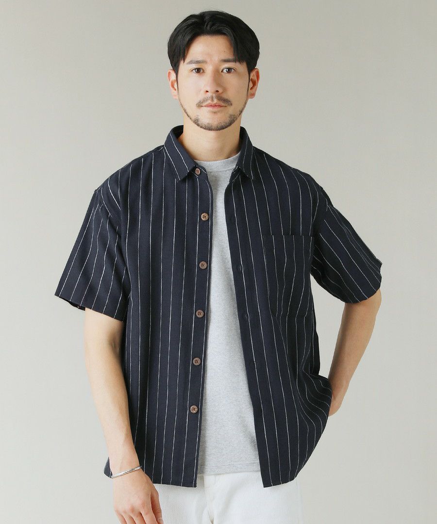 綿麻オーバーサイズレギュラーカラーストライプ半袖シャツ