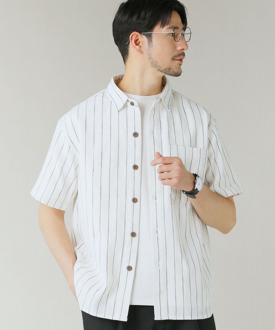 大特価放出! 綿麻オーバーサイズレギュラーカラーストライプ半袖シャツ 服&ファッション小物