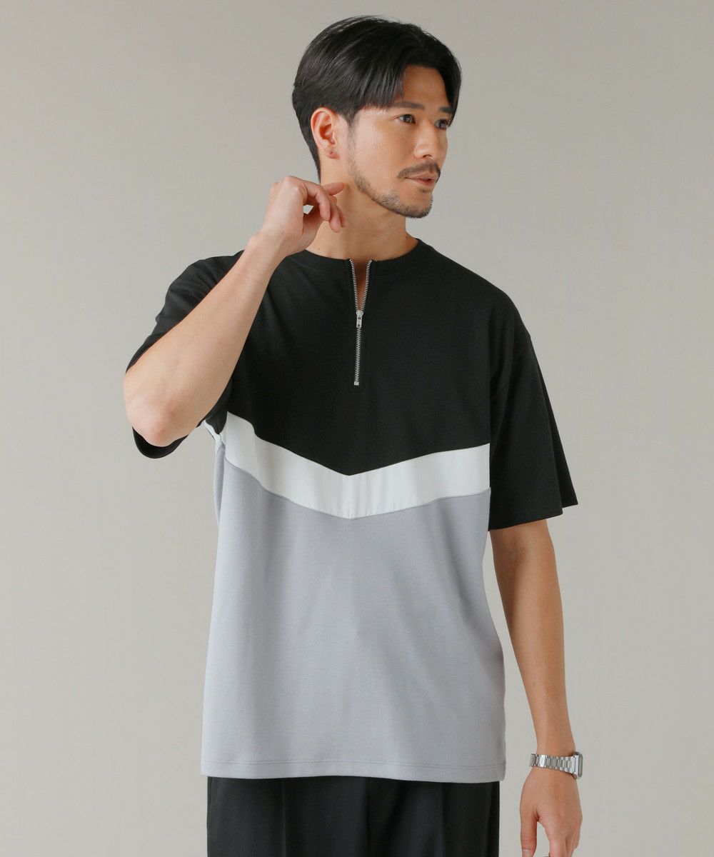 ポンチ×フェイクスウェードVカット切替ハーフジップTシャツ